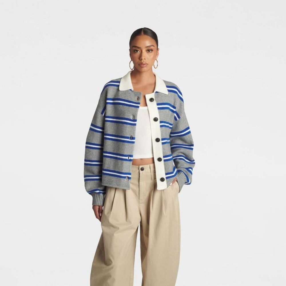 KBB by KAHLANA Women's Striped School Boy Cardigan Sweater - Gray/Blue S